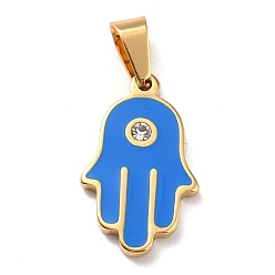Dodger Blue 304 Stainless Steel Enamel Pendants, with Rhinestone and 201 Stainless Steel Bails, Hamsa Hand, Dodger Blue, 22x13x2.5mm, Hole: 3.8x7mm