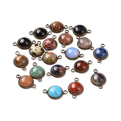 Mixed Stone Natural & Synthetic Mixed Gemstone Connector Charms, Half Round Links, with Antique Bronze Tone Brass Findings, 12x18.5x4.5mm, Hole: 2mm
