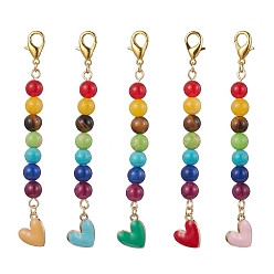 Mixed Color Alloy Enamel Heart Pendant Decorations, with Chakra Natural Gemstone Round Bead and Alloy Lobster Claw Clasps, Mixed Color, 100mm