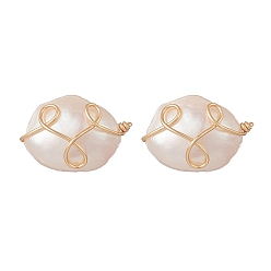Seashell Color Natural Pearl Stud Earrings, Golden Copper Wire Wrap Jewelry for Women, Seashell Color, 10~15.5x8~9.5mm, Pin: 0.7mm