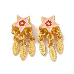 Pink Alloy Pendants, with Enamel, Star and Feather, Matte Gold Color, Pink, 23mm, Hole: 3mm