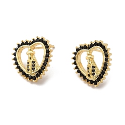 Real 18K Gold Plated Heart with Saint Black Cubic Zirconia Stud Earrings, Rack Plating Brass Jewelry for Women, Lead Free & Cadmium Free, Real 18K Gold Plated, 16x16mm, Pin: 0.7mm