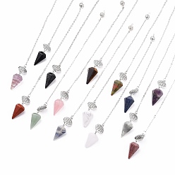 Mixed Stone Natural & Synthetic Mixed Stone Hexagonal Pointed Dowsing Pendulums, with Platinum Plated Brass Findings, Life of Flower & Cone, 240x2x0.1mm