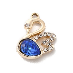 Azul Colgantes de aleación de chapado uv, con diamantes de imitación de cristal y vidrio, dorado, encantos de cisne, azul, 19.5x15x5 mm, agujero: 1.5 mm