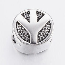 Antique Silver 304 Stainless Steel Beads, Bead Rhinestone Settings, Flat Round with Peace Sign, Large Hole Beads, Antique Silver, Fit For 0.5mm Rhinestone, 10x7.5mm, Hole: 5.5mm
