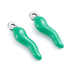 Green 304 Stainless Steel Pendants, Enamelled Sequins, Horn of Plenty/Italian Horn Cornicello Charms, Stainless Steel Color, Green, 17.5x4.5x3.5mm, Hole: 1mm