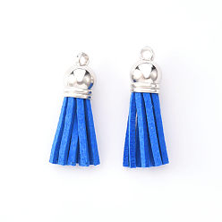 Bleu Royal Faux suède pendentif pompon décorations, avec extrémités de cordon en plastique ccb, platine, bleu royal, 33~35x10mm, Trou: 2.5mm