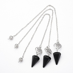 Obsidienne Pendules de radiesthésie pointus hexagonaux en obsidienne naturelle, avec les accessoires en laiton plaqués de platine, symbole et cône aum/om, 230x2x0.1mm
