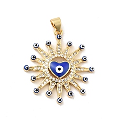 Medium Blue Rack Plating Brass Micro Pave Clear Cubic Zirconia Pendants, with Enamel, Cadmium Free & Lead Free, Sun with Evil Eye & Heart, Real 18K Gold Plated, Medium Blue, 29.5x26.5x3.7mm, Hole: 3.2x3.5mm