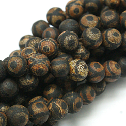 Brown Tibetan Style 3-Eye dZi Beads, Natural Agate Bead Strands, Round, Dyed & Heated, Brown, 6mm, Hole: 1mm, about 30pcs/strand, 7.5 inch