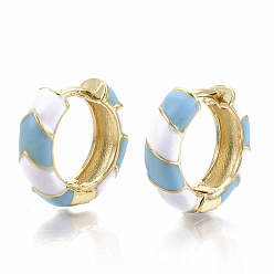 Sky Blue Brass Huggie Hoop Earrings, with Two Tone Enamel, Real 18K Gold Plated, Sky Blue, 16x16.5x5mm, Pin: 1x1mm