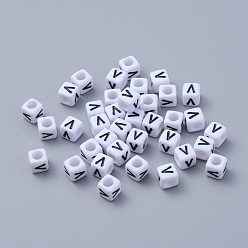 Letter V Perles de lettre de trou horizontal acrylique, cube, blanc, lettre v, taille:  Largeur environ 6mm, Longueur 6mm, hauteur de 6 mm , trou: environ 3.2 mm, environ2600 pcs / 500 g