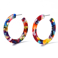 Colorful Cellulose Acetate(Resin) Half Hoop Earrings, with 304 Stainless Steel Pin, Round, Colorful, 41x2.5mm, Pin: 0.7mm