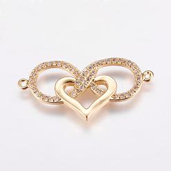 Golden Brass Micro Pave Cubic Zirconia Links, Infinity with Heart, Golden, 15.5x31.5x2mm, Hole: 1mm