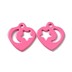 Hot Pink Spray Painted 201 Stainless Steel Charms, Heart with Star & Moon Pattern, Hot Pink, 12x11.5x1mm, Hole: 1.4mm
