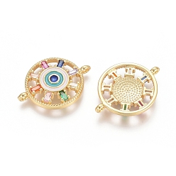 Golden Brass Micro Pave Cubic Zirconia Links connectors, with Enamel, Flat Round with Evil Eye, Colorful, Golden, 17x23x3.5mm, Hole: 1.2mm