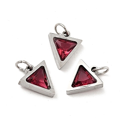Crimson 304 Stainless Steel Pendants, with Cubic Zirconia and Jump Rings, Single Stone Charms, Triangle, Stainless Steel Color, Crimson, 11x9.5x3mm, Hole: 3.6mm