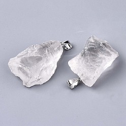 Cristal de Quartz Pendentifs en cristal de quartz naturel brut brut, pendentifs en cristal de roche, avec des bails en fer plaqué platine, nuggets, 30~50x25~30x13.5~18.5mm, Trou: 5.5x3.5mm