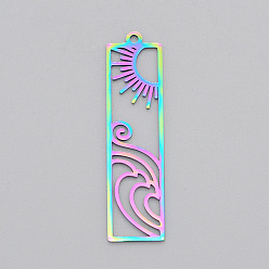 Rainbow Color Ion Plating(IP) 201 Stainless Steel Pendants, Laser Cut, Rectangle with Sun, Rainbow Color, 41x11x1mm, Hole: 1.6mm