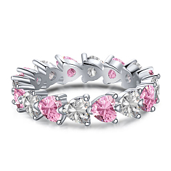 Pink Кольцо на палец с родиевым покрытием 925 из стерлингового серебра с паве из циркония, штабелируемые кольца для женщин, сердце, Реальная платина, розовые, 4.5 мм, размер США 7 (17.3 мм)