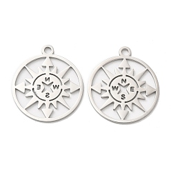 Stainless Steel Color 304 Stainless Steel Pendants, Flat Round with Compass Charm, Stainless Steel Color, 27x24x1mm, Hole: 2.2mm