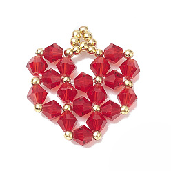 Красный Подвески из стеклянных бусин, с латунной фурнитурой , сердце прелести, красные, 25.5x21x4 мм, отверстие : 2 мм