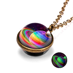 Colorful Luminous Glass Planet Pendant Necklace with Antique Golden Alloy Chains, Colorful, 19.69 inch(50cm)