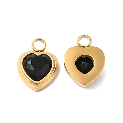 Black Ion Plating(IP) 304 Glass Charms, with Glass, Heart, Real 14K Gold Plated, Black, 16x12x6mm, Hole: 3mm