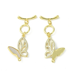 Real 18K Gold Plated Rack Plating Brass Micro Pave Cubic Zirconia Toggle Clasps, with Shell, Long-Lasting Plated, Lead Free & Cadmium Free, Butterfly, Real 18K Gold Plated, 40x20x3mm, Hole: 1.4mm, Bar: 7x18.5x2.8mm