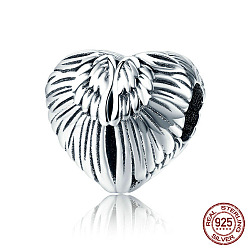 Antique Silver 925 Sterling Silver European Beads, Large Hole Beads, Heart with Wing, Antique Silver, 11x11mm, Hole: 4.2~4.5mm