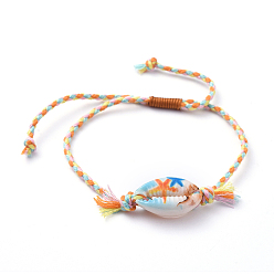 Starfish Adjustable Braided Bead Bracelets, with Printed Cowrie Shell Beads and Cotton Cord, Starfish Pattern, Inner Diameter: 3/4 inch~3 inch(2.1~7.8cm)