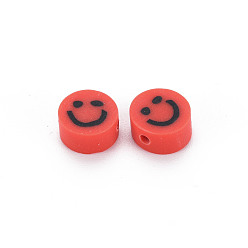 Roja Abalorios de la arcilla de polímero hechos a mano, plano y redondo con la cara sonriente, rojo, 8~9x4 mm, agujero: 1.5 mm