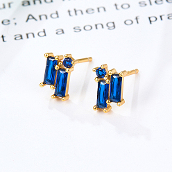 Bleu Foncé Boucles d'oreilles rectangles zircone cubique, boucles d'oreilles en argent sterling dorées, avec cachet 925, bleu foncé, 925mm