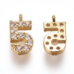 Number Brass Micro Pave Clear Cubic Zirconia Charms, Number, Golden, Num.5, 9.5~10x4~6.5x2mm, Hole: 0.8mm