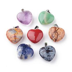 Mixed Stone Natural Gemstone Pendants, with Platinum Tone Alloy Findings, Heart, 22~23x20~21x9~10mm, Hole: 2.5x5.5mm