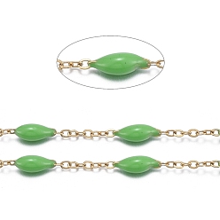 Lime Green Handmade Enamel Beaded Chains, with Stainless Steel Curb Chains and Spool, Soldered, Long-Lasting Plated, Golden, Lime Green, 1.5x1x0.1mm, about 32.8 Feet(10m)/roll