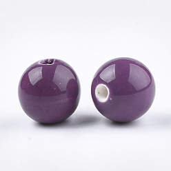 Purple Handmade Porcelain Beads, Bright Glazed Porcelain, Round, Purple, 14~14.5x13.5~14mm, Hole: 2.5~3mm
