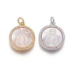 Mixed Color Brass Pendants, with Micro Pave Cubic Zirconia, Shell and Jump Rings, Flat Round with Virgin Mary, Clear, Mixed Color, 17.5x15x3mm, Hole: 3mm