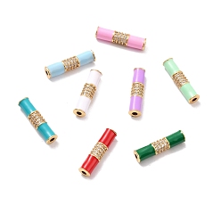 Mixed Color Eco-Friendly Brass Enamel Tube Beads, Micro Pave Clear Cubic Zirconia, Long-Lasting Real 18K Gold Plated, Lead Free & Cadmium Free & Nickel Free, Mixed Color, 20x5mm, Hole: 1.8mm
