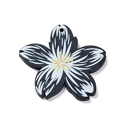 Noir Pendentifs en acrylique opaque imprimé, fleur, noir, 35x37x2.5mm, Trou: 1.6mm