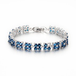 Marine Blue Noble Gift Ideas for Lady Platinum Tone Brass Micro Pave Cubic Zirconia CZ Flower Link Chain Bracelets, with Watch Band Clasps , Marine Blue, 170x7x5mm