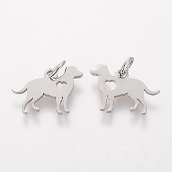 Stainless Steel Color 304 Stainless Steel Puppy Pendants, Silhouette Charms, Dog with Heart, Stainless Steel Color, 11x15x1mm, Hole: 3mm