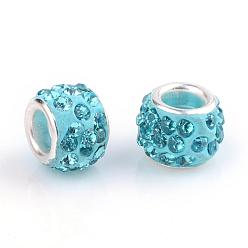 Aquamarine Polymer Clay Rhinestone European Beads, Large Hole Beads, Rondelle, with Silver Color Plated Brass Cores, Aquamarine, 10~12x7~8mm, Hole: 5mm