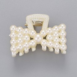 White Plastic Claw Hair Clips, with ABS Plastic Imitation Pearl Beads and Iron Findings, Bowknot, White, 29x39x25.5mm
