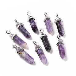 Amethyst Natural Quartz Crystal Double Terminated Pointed Pendants, with Random Alloy Pendant Hexagon Bead Cap Bails, Bullet, Platinum, 37~40x12mm, Hole: 3mm