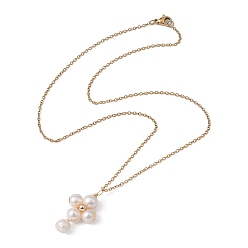 Oro Collar con colgante de cruz con cuentas de perlas naturales de grado A para mujer, chapado de iones (ip) 304 collar de acero inoxidable, dorado, 17.83 pulgada (45.3 cm)
