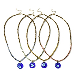 Mixed Color Handmade Evil Eye Lampwork Pendant Necklace with Glass Seed Beaded Chains for Women, Mixed Color, 21.46 inch(54.5cm)