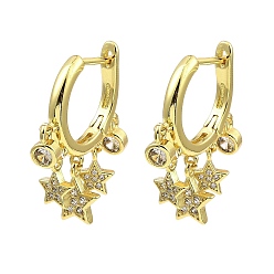 Real 18K Gold Plated Rack Plating Brass Star Dangle Hoop Earrings with Cubic Zirconia, Long-Lasting Plated, Lead Free & Cadmium Free, Real 18K Gold Plated, 26x19x2.5mm
