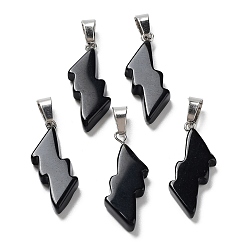 Obsidian Natural Obsidian Pendants, Lightning Bolt Charms with Stainless Steel Color Plated 201 Stainless Steel Snap on Bails, 31~33x13~14x5mm, Hole: 7.5x4.5mm