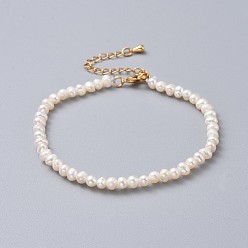 White Natural Freshwater Pearl Beads Bracelets, with Brass Extender Chains and Burlap Packing Pouches Drawstring Bags, Golden, White, 7-1/2 inch(19cm)